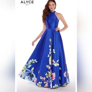 Alyce Of Paris Royal Blue Floral Halter Backless Dress Size 8 Style 1309